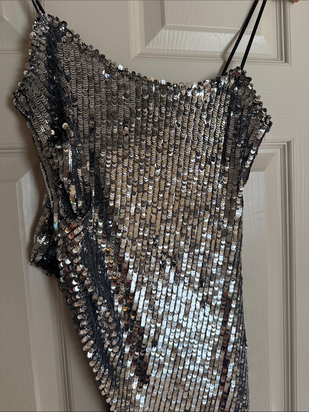 Silver Sequin Asymmetric Slip Top with Spaghetti Straps - Picture 3 of 6